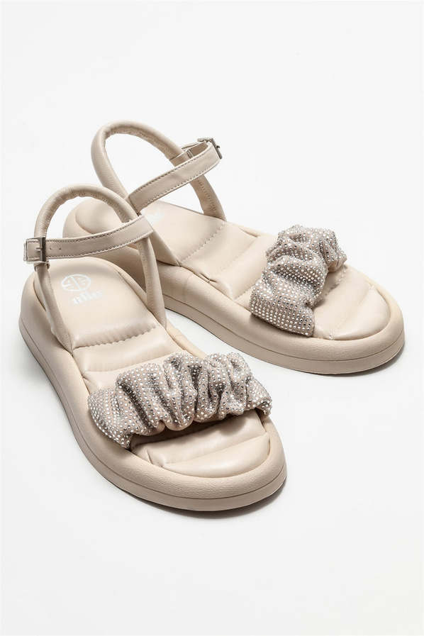 Bej deri düz kadın sandalet - Elle Shoes