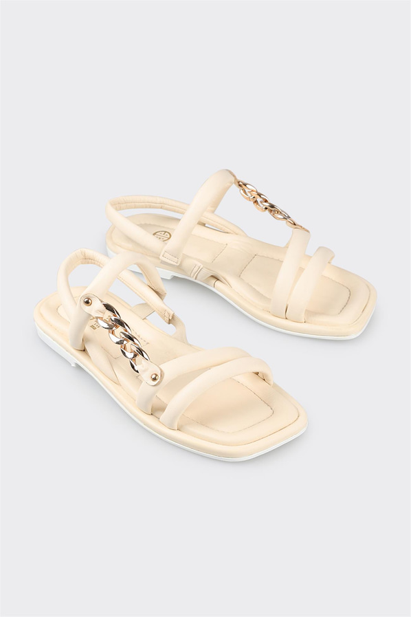 Bej deri düz zincir detaylı kadın sandalet, rahat kullanım için - Elle Shoes