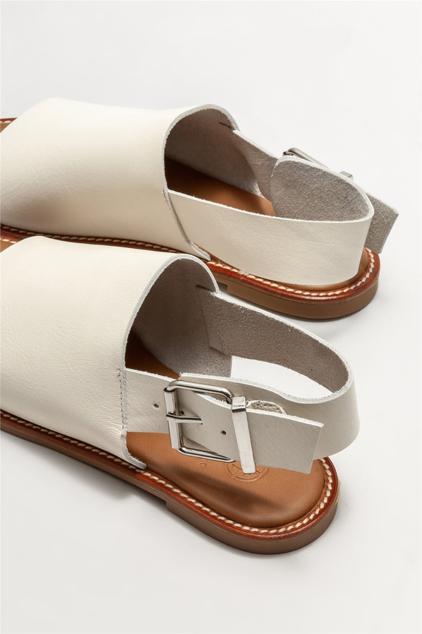 Bej deri düz kadın sandalet - Elle Shoes