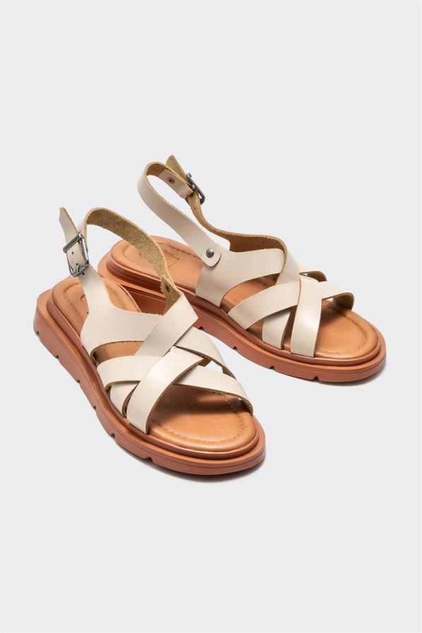 Bej deri düz kadın sandalet - Elle Shoes