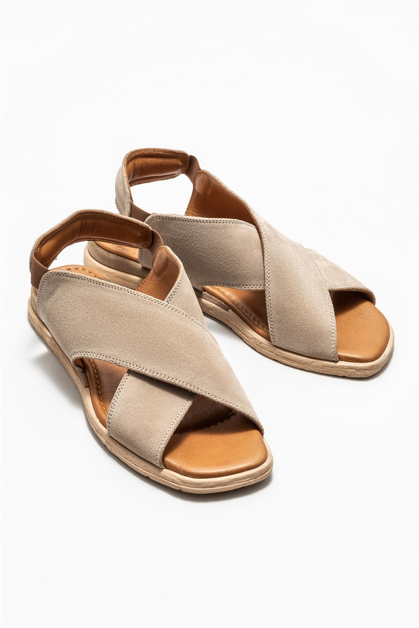 Bej deri düz kadın sandalet - Elle Shoes