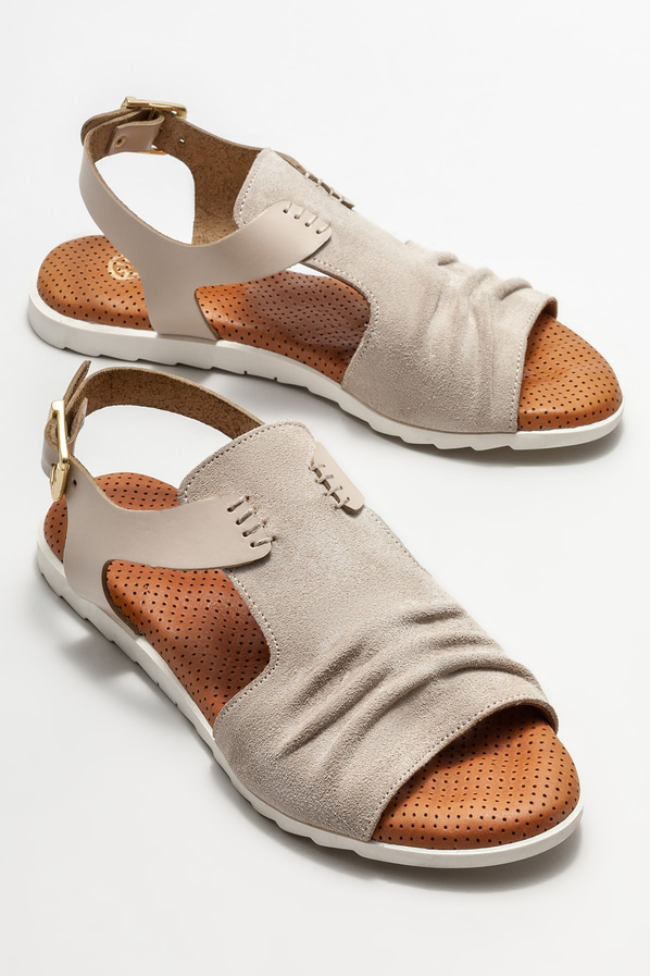 Bej deri düz kadın sandalet - Elle Shoes