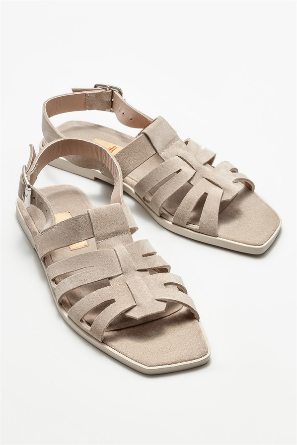 Bej deri düz kadın sandalet - Elle Shoes