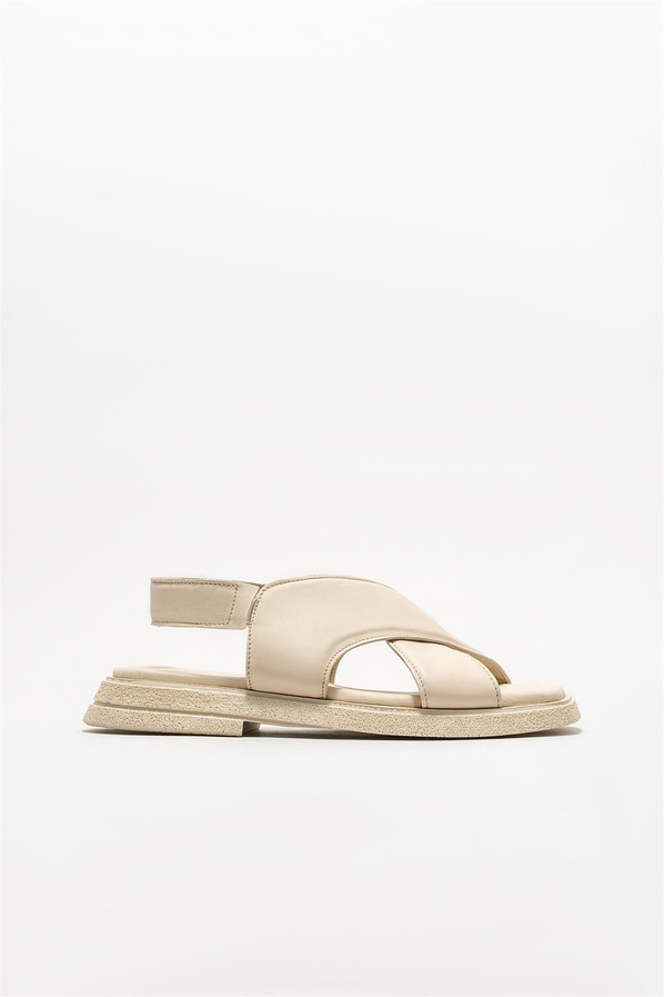 Bej deri simli düz kadın sandalet, rahat kullanım için - Elle Shoes