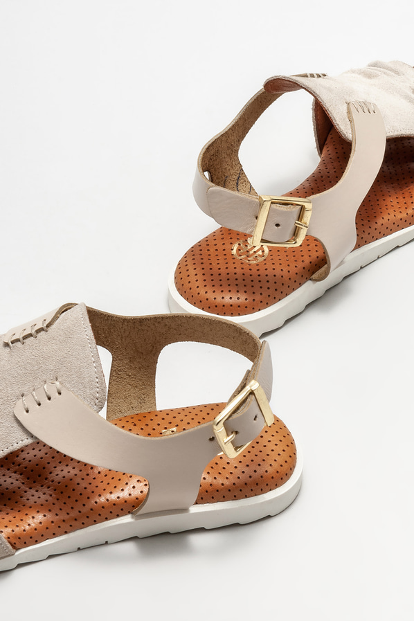 Bej deri düz kadın sandalet - Elle Shoes
