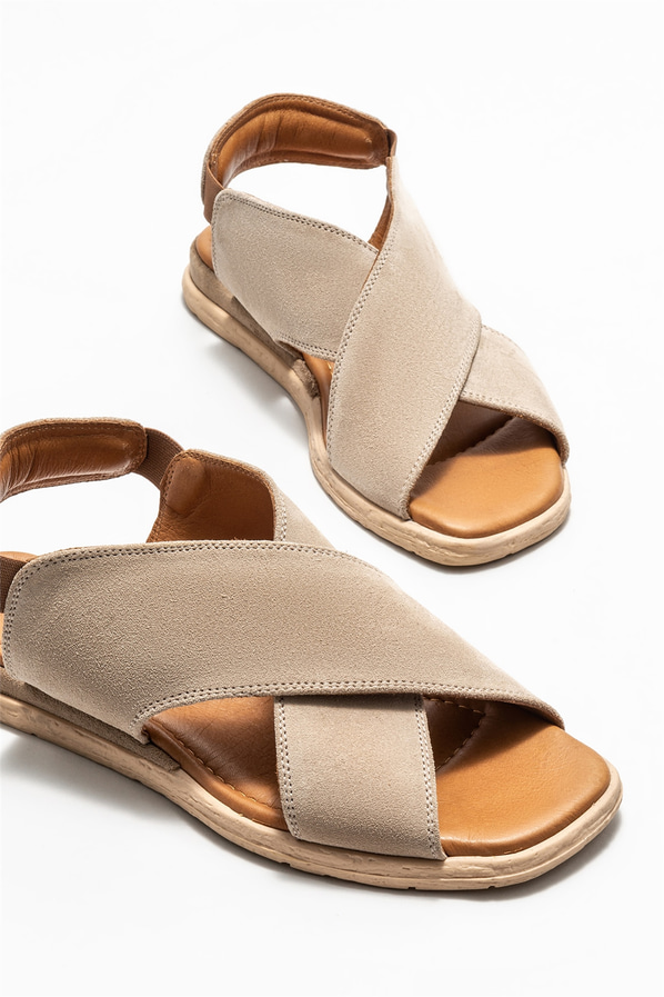 Bej deri düz kadın sandalet - Elle Shoes