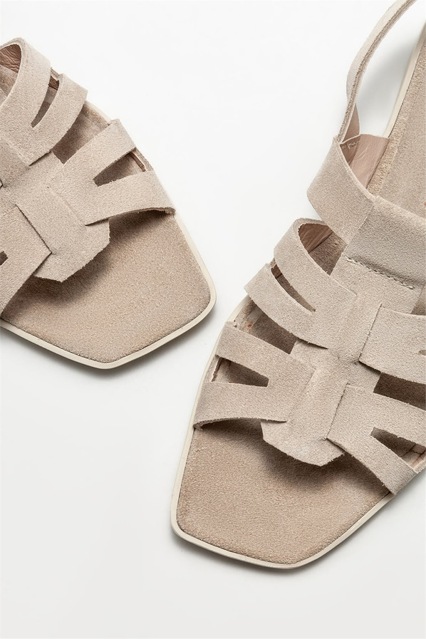 Bej deri düz kadın sandalet - Elle Shoes
