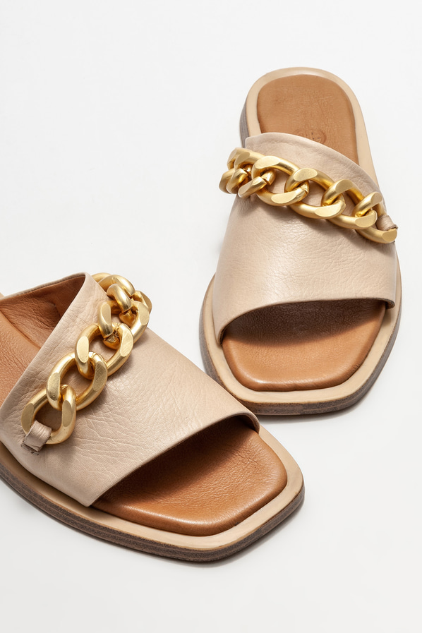 Bej deri düz kadın terlik - Elle Shoes