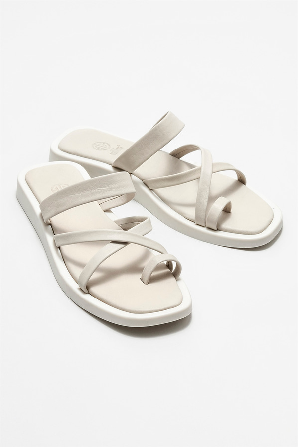 Bej deri düz kadın terlik - Elle Shoes