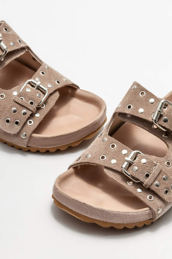 Bej deri düz kadın terlik - Elle Shoes