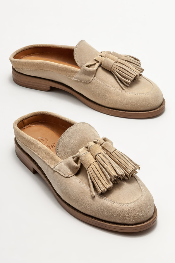 Bej deri düz kadın terlik - Elle Shoes