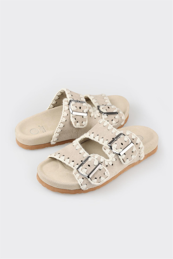 Bej deri düz bantlı kadın terlik - Elle Shoes