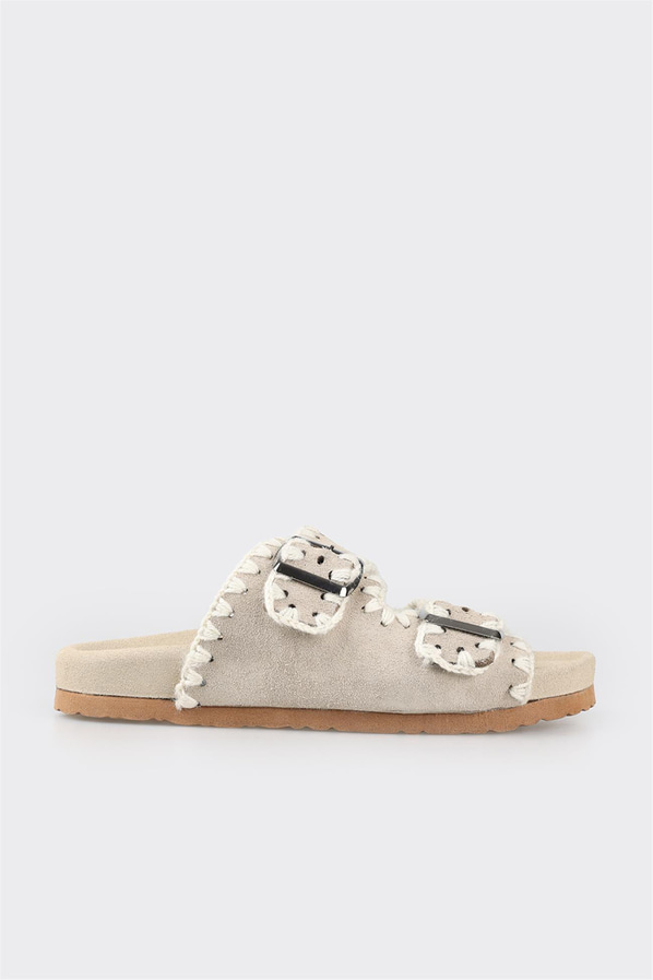 Bej deri düz bantlı kadın terlik - Elle Shoes