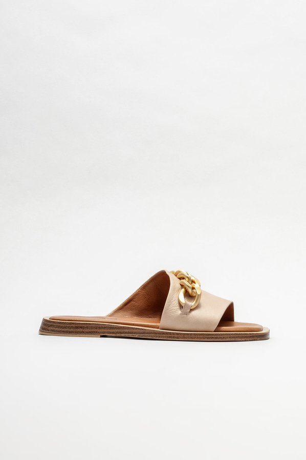 Bej deri düz kadın terlik - Elle Shoes