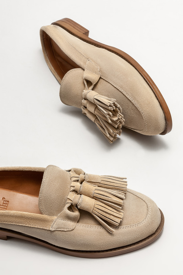 Bej deri düz kadın terlik - Elle Shoes