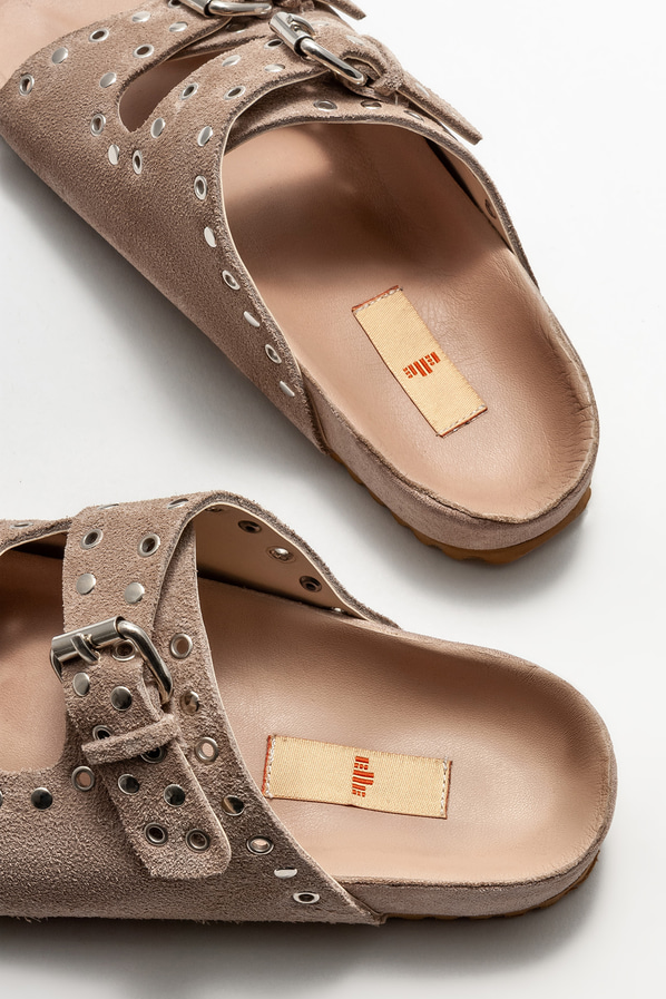 Bej deri düz kadın terlik - Elle Shoes