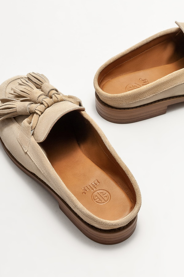 Bej deri düz kadın terlik - Elle Shoes