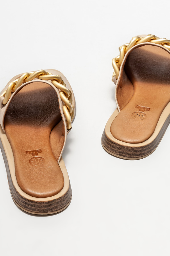 Bej deri düz kadın terlik - Elle Shoes