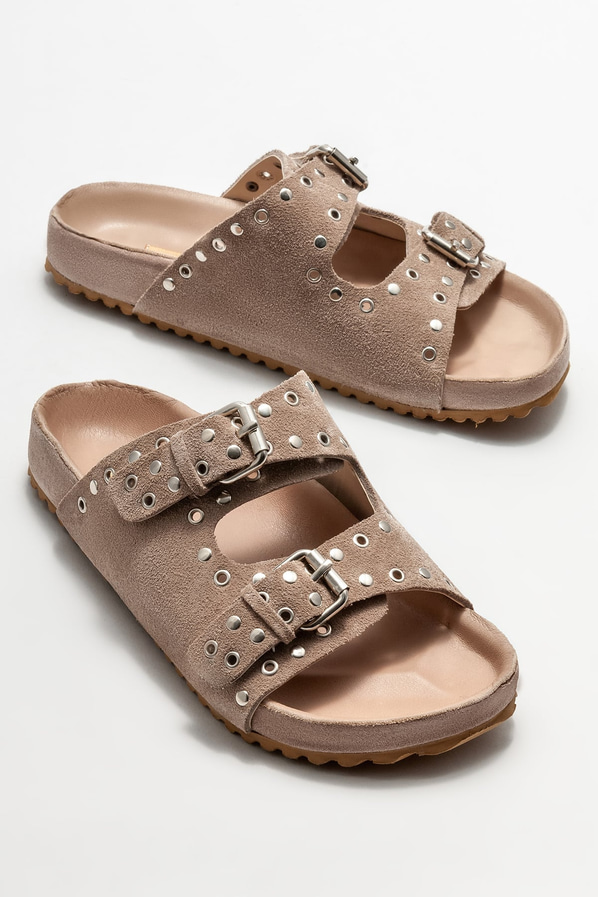 Bej deri düz kadın terlik - Elle Shoes