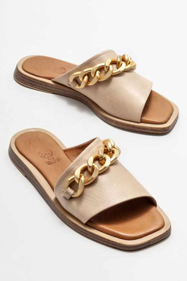 Bej deri düz kadın terlik - Elle Shoes