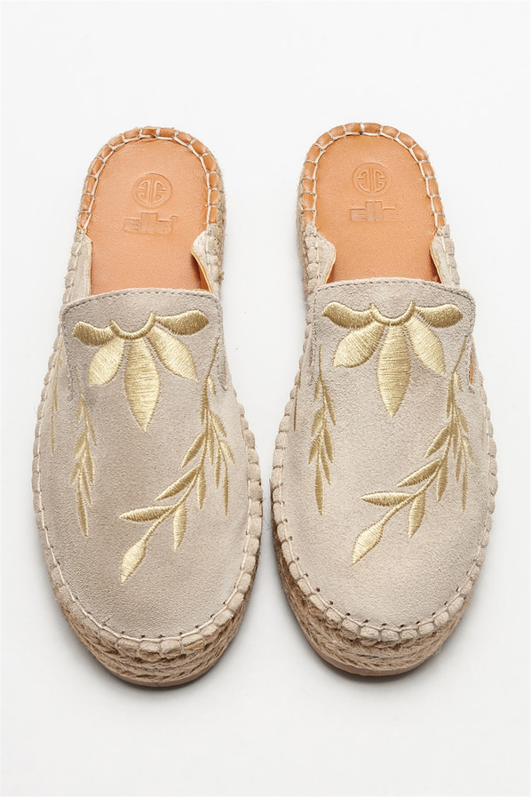Bej deri kadın düz terlik - Elle Shoes