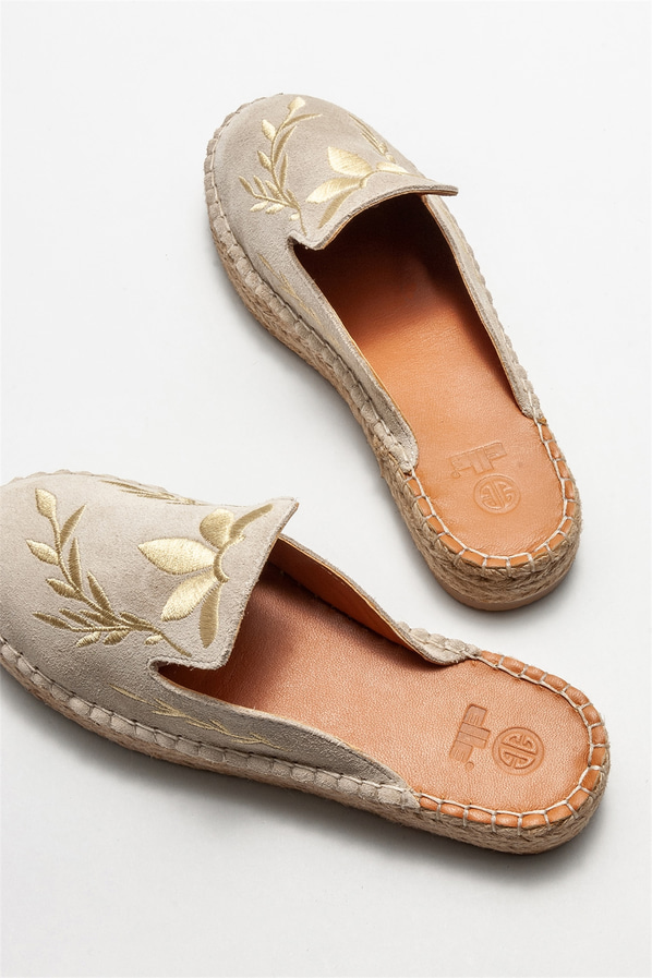 Bej deri kadın düz terlik - Elle Shoes