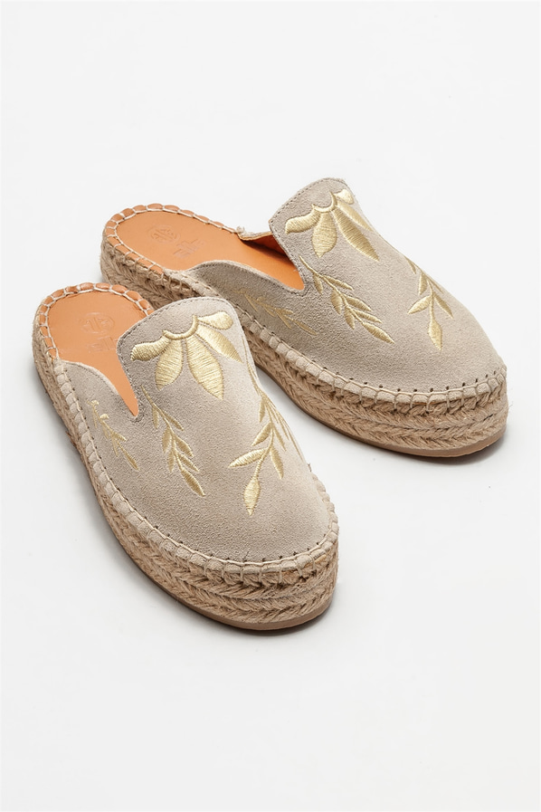Bej deri kadın düz terlik - Elle Shoes