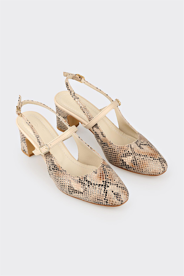Bej deri kalın topuklu kadın ayakkabı, günlük kullanım için - Elle Shoes
