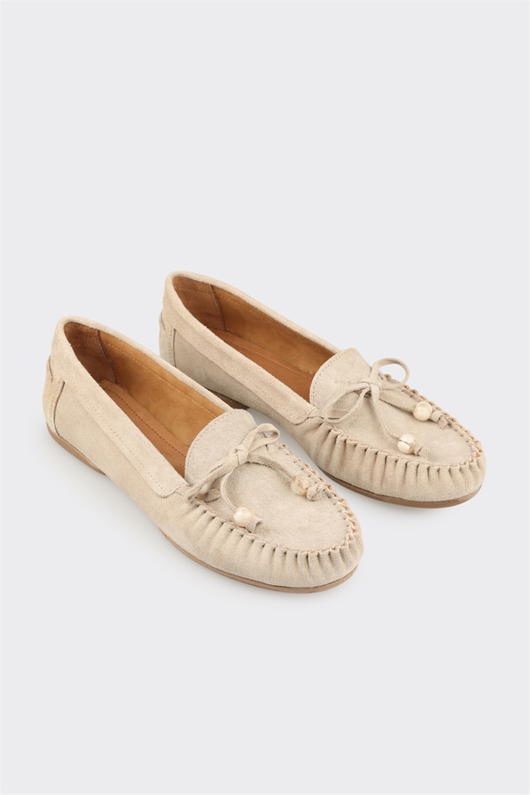 Bej deri kadın loafer, günlük kullanım için - Elle Shoes