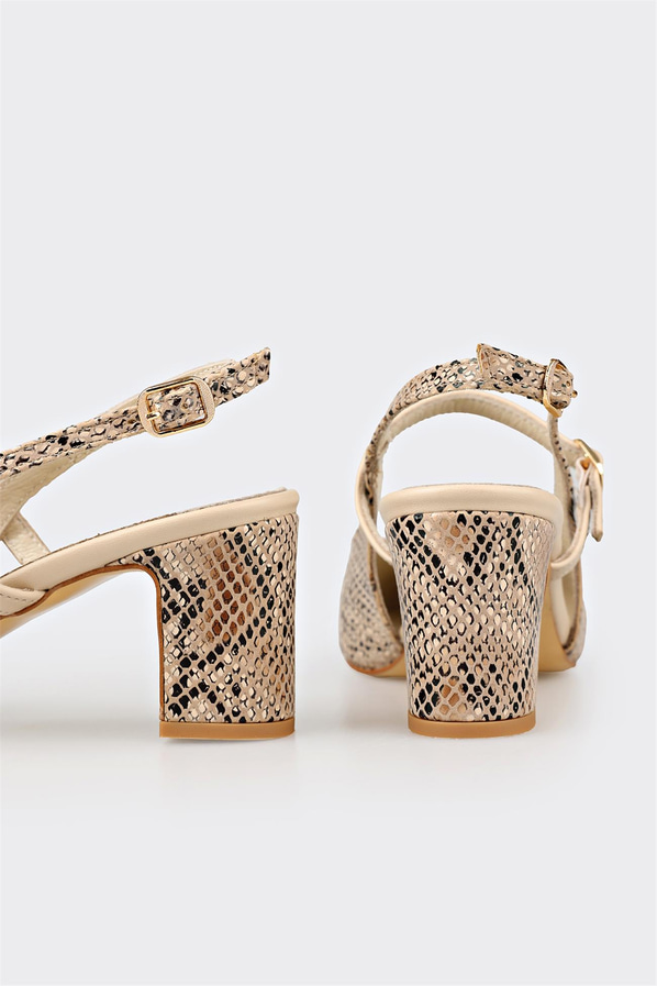 Bej deri kalın topuklu kadın ayakkabı, günlük kullanım için - Elle Shoes