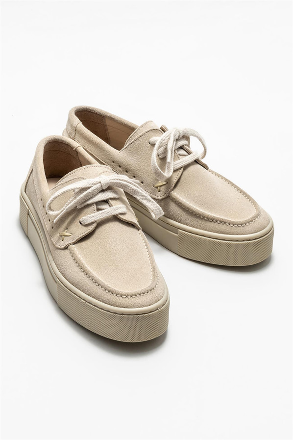 Bej deri kadın düz ayakkabı, günlük kullanım için - Elle Shoes