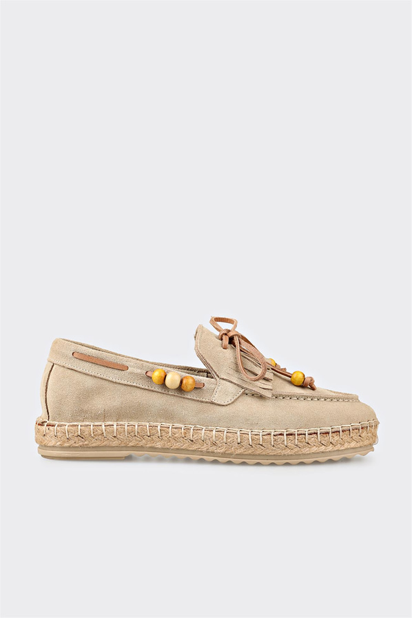 Bej deri düz kadın ayakkabı, rahat kullanım için - Elle Shoes