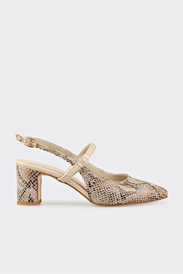 Bej deri kalın topuklu kadın ayakkabı, günlük kullanım için - Elle Shoes