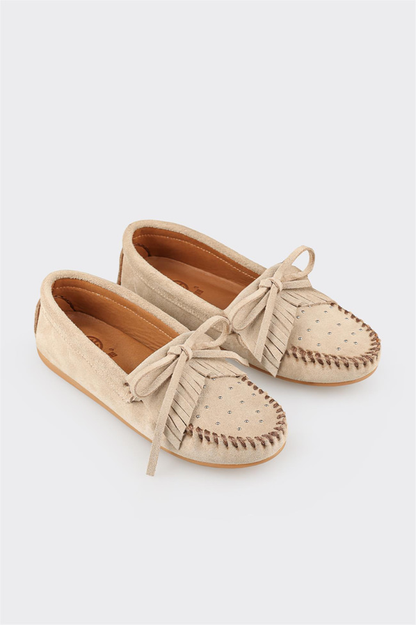 Bej deri kadın düz ayakkabı, günlük kullanım için - Elle Shoes