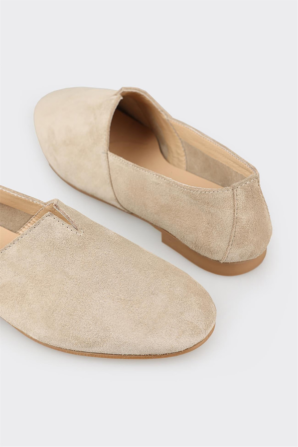 Bej deri ve süet kadın düz ayakkabı, ofis stili için - Elle Shoes
