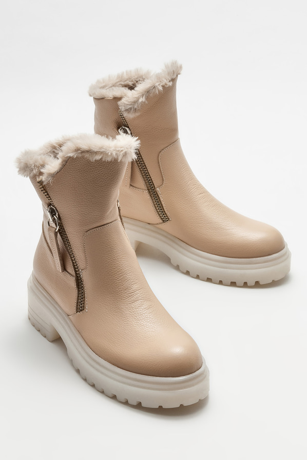 Bej deri düz kadın bot, günlük kullanım için - Elle Shoes
