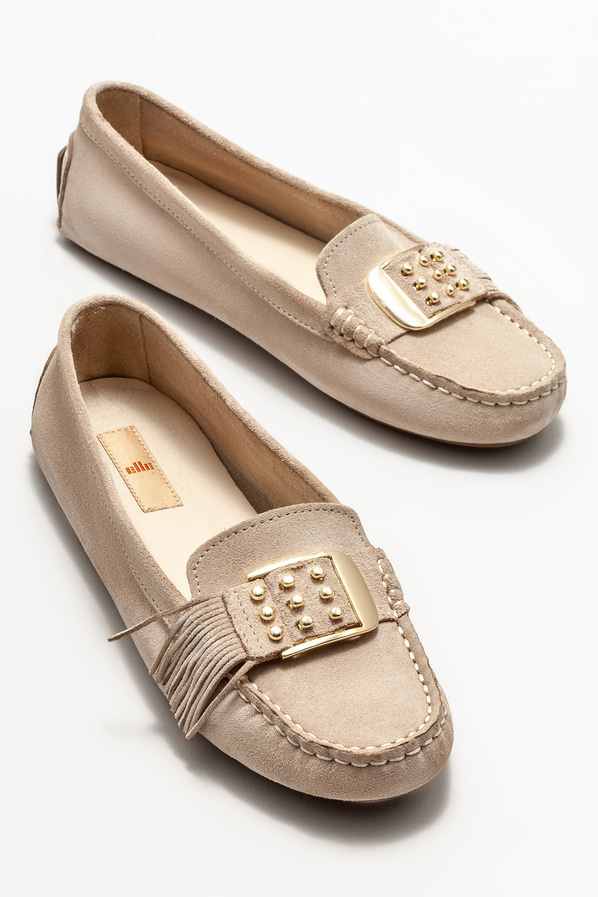 Bej deri kadın loafer, günlük kullanım için - Elle Shoes