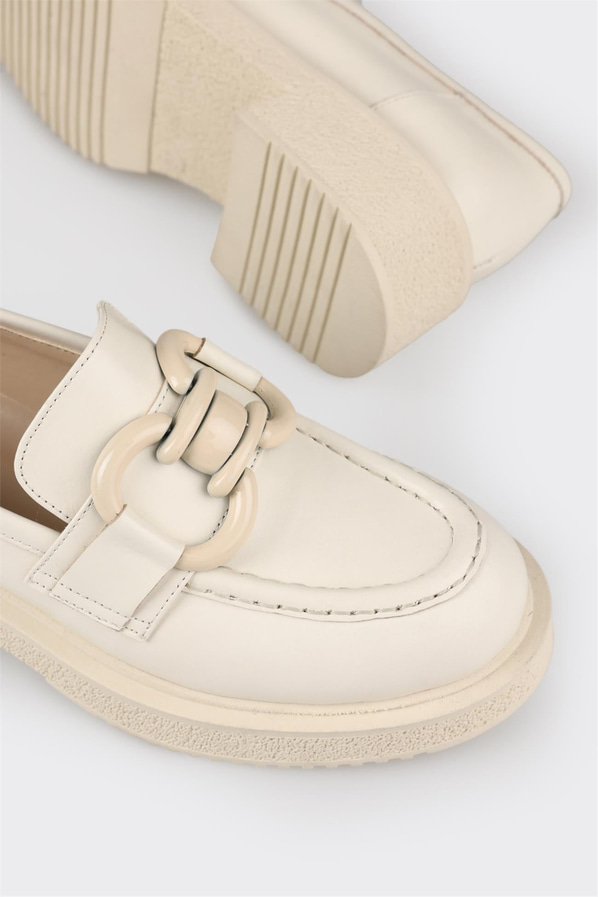 Bej taba deri ve süet kalın tabanlı kadın loafer, rahat kullanım için - Elle Shoes