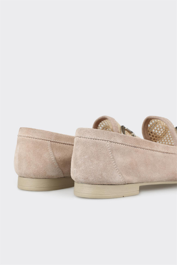 Bej deri ve süet metalik kadın loafer, klasik stil için - Elle Shoes