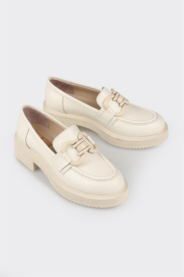 Bej taba deri ve süet kalın tabanlı kadın loafer, rahat kullanım için - Elle Shoes