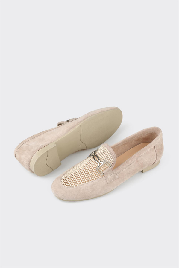 Bej deri ve süet metalik kadın loafer, klasik stil için - Elle Shoes