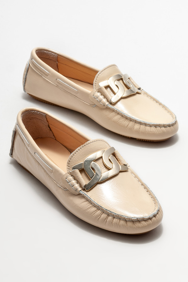 Bej Deri Kadın Loafer