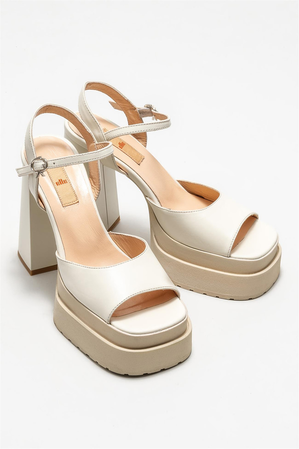 Bej deri kadın topuklu sandalet - Elle Shoes