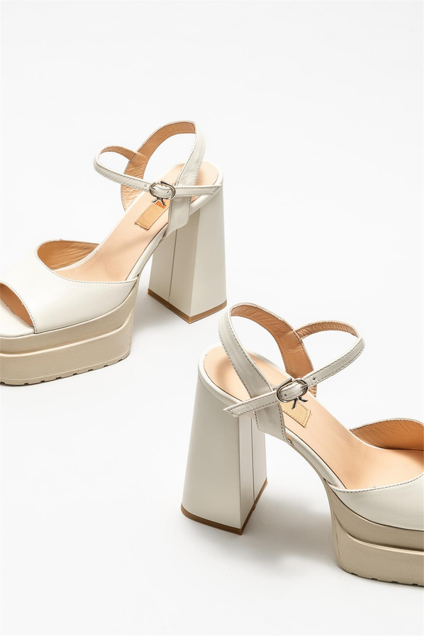 Bej deri kadın topuklu sandalet - Elle Shoes