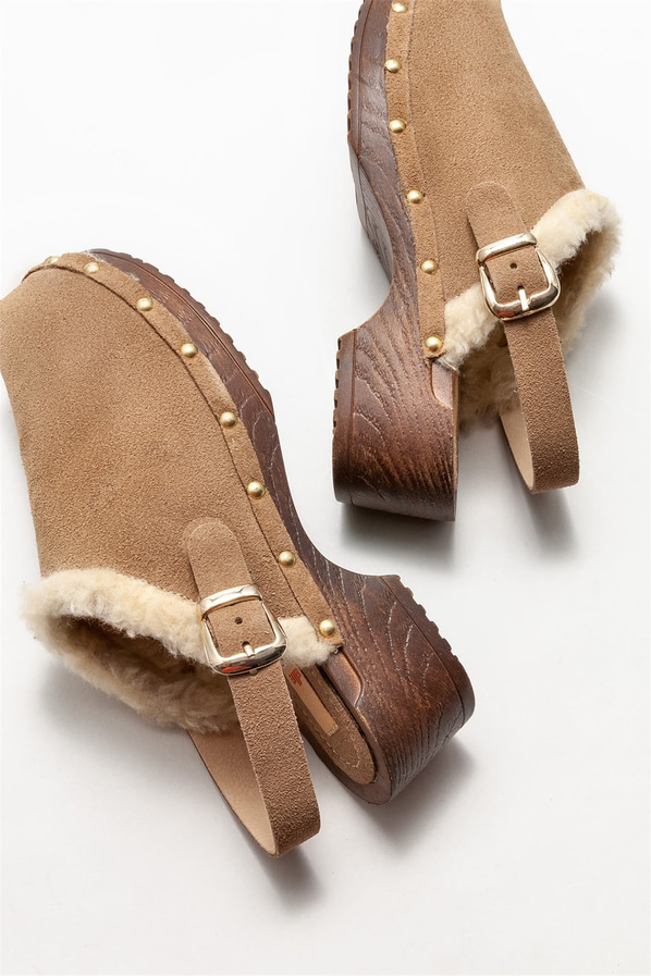Bej deri kadın topuklu sandalet - Elle Shoes