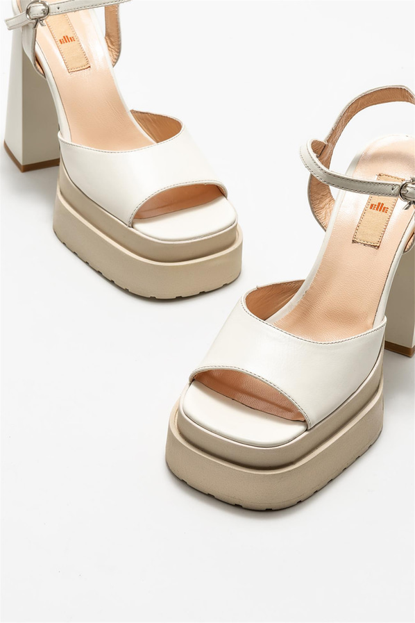 Bej deri kadın topuklu sandalet - Elle Shoes