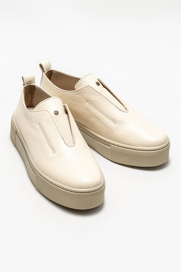 Bej deri kadın düz ayakkabı - Elle Shoes