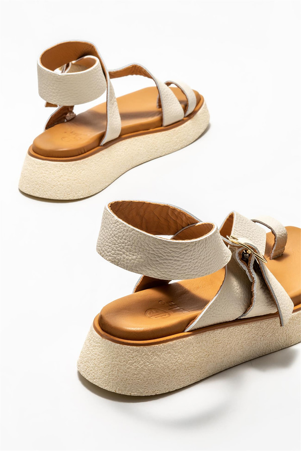 Bej deri kadın sandalet - Elle Shoes