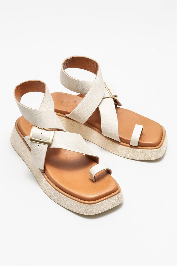 Bej deri kadın sandalet - Elle Shoes