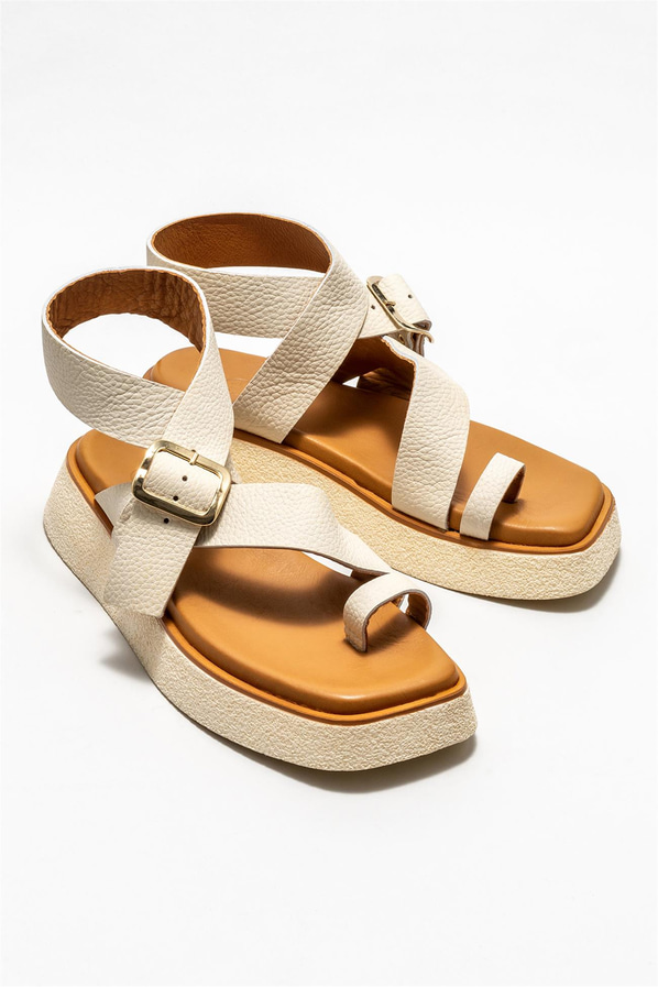 Bej deri kadın sandalet - Elle Shoes